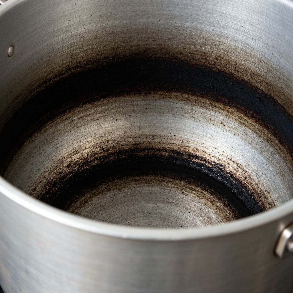 Before cleaning - dark stained Magnalite pot interior showing oxidation